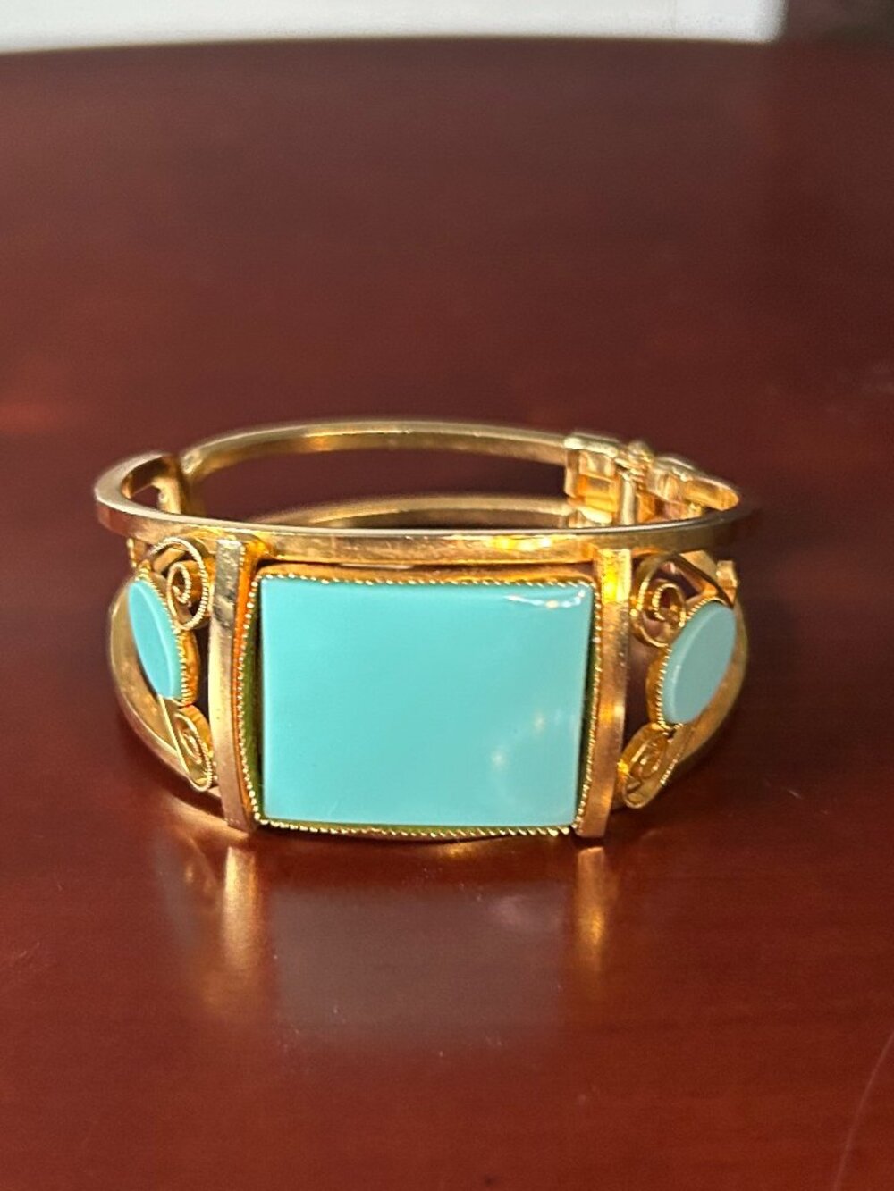 Vintage Etruscan Revival Gold Tone Faux Turquoise Hinged Cuff Bracelet
